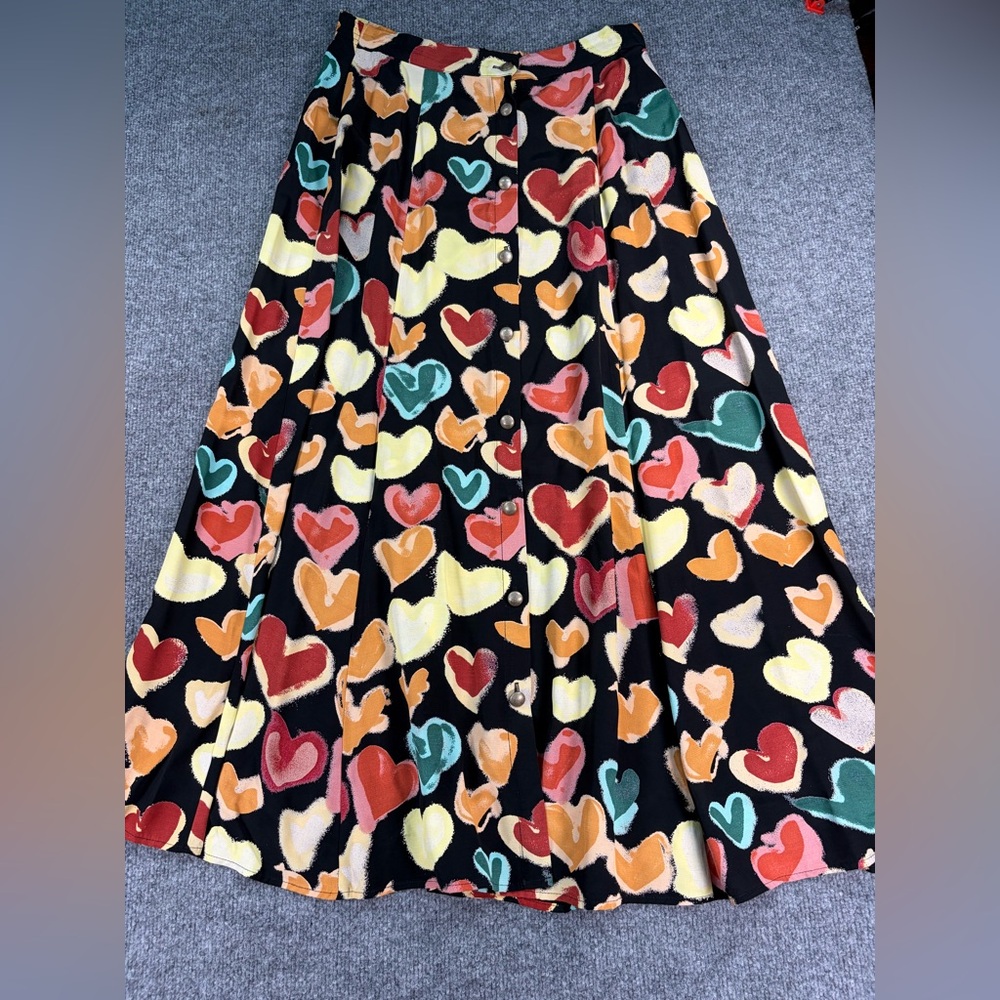 Vintage Terry Ward Black Heart Print Button-Front Maxi Skirt 90’s size Medium
